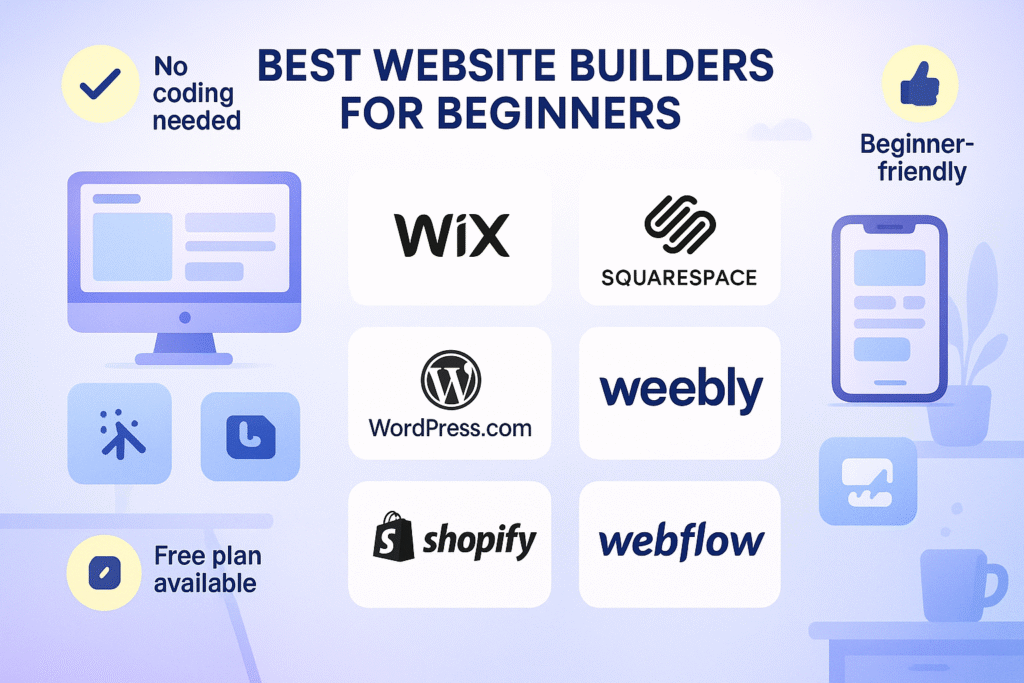 Infographic showing top website builders for beginners in 2025