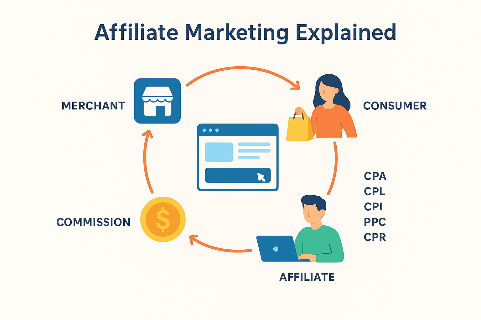 Visual chart showing affiliate marketing models: CPA, CPL, CPI, PPC, and CPR with commission flow.