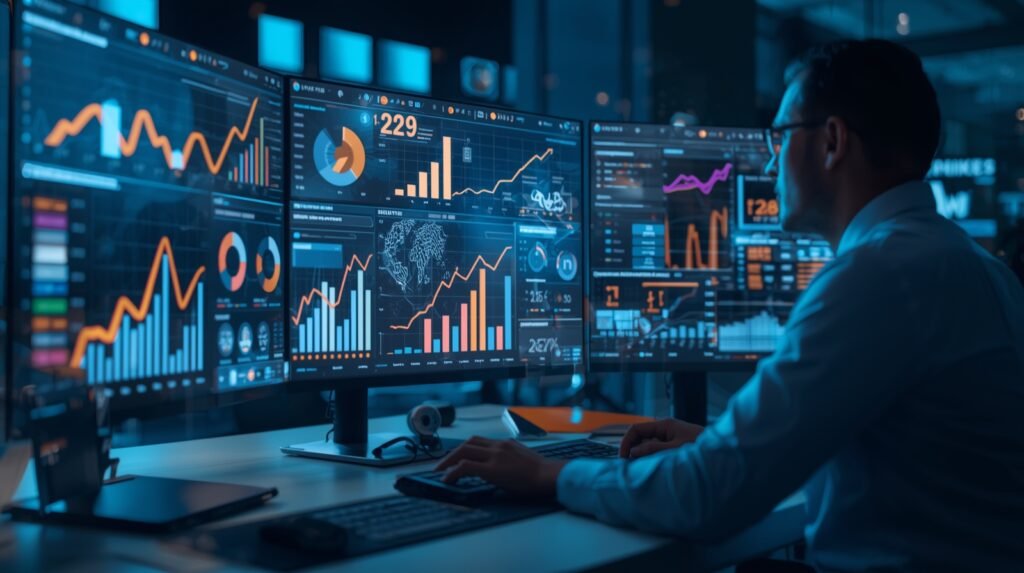 Digital marketer analyzing performance data dashboards with charts, ROI graphs, and social media icons representing the best performance marketing agency.