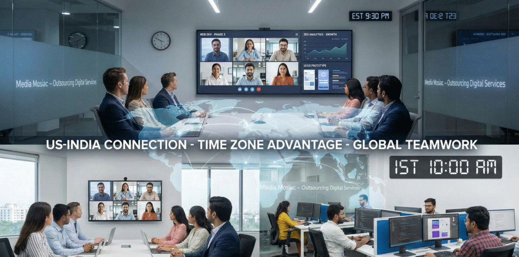 US business team collaborating virtually with an Indian digital agency on web development and SEO projects.