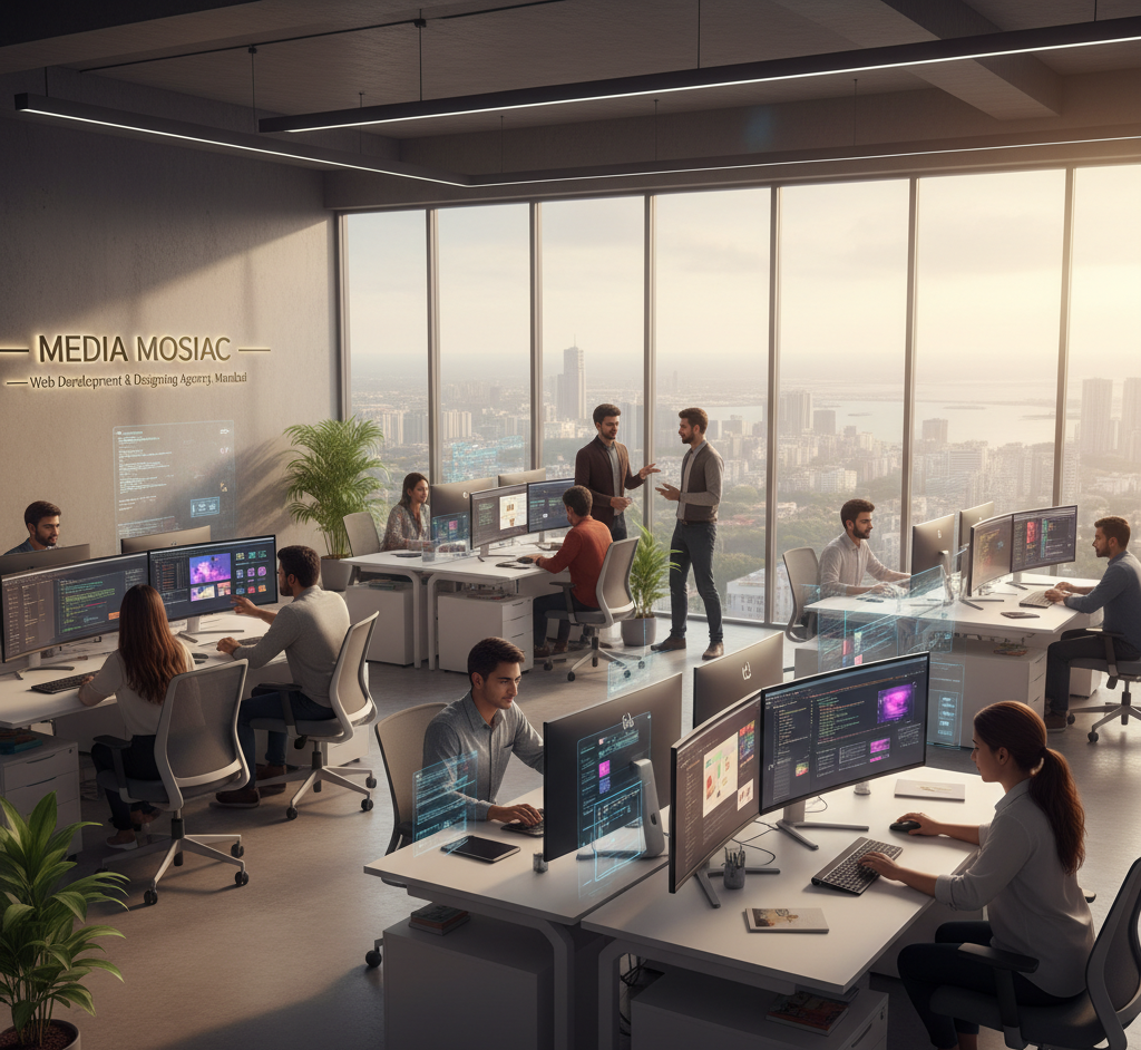 Creative designers at Media Mosiac working in a stylish Mumbai office studio on website design and development, large monitors, modern workspace, artistic mood lighting, cinematic style.