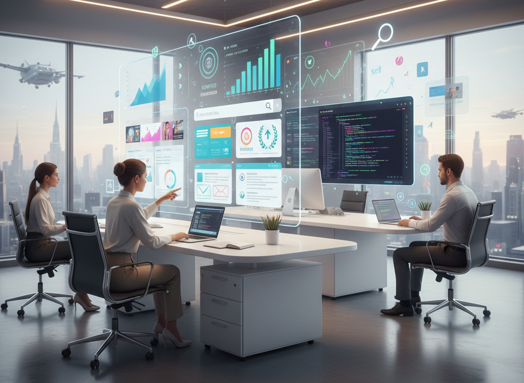 Designers working on SEO-friendly website layouts with UI/UX interfaces and SEO analytics displayed on screens in a modern office.