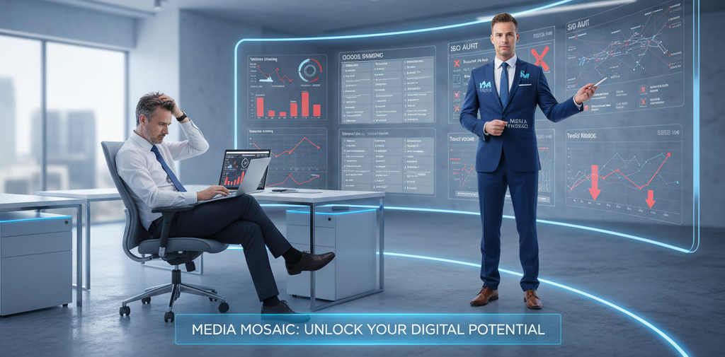 Digital analyst reviewing website ranking issues with SEO charts on screen in a modern office environment.