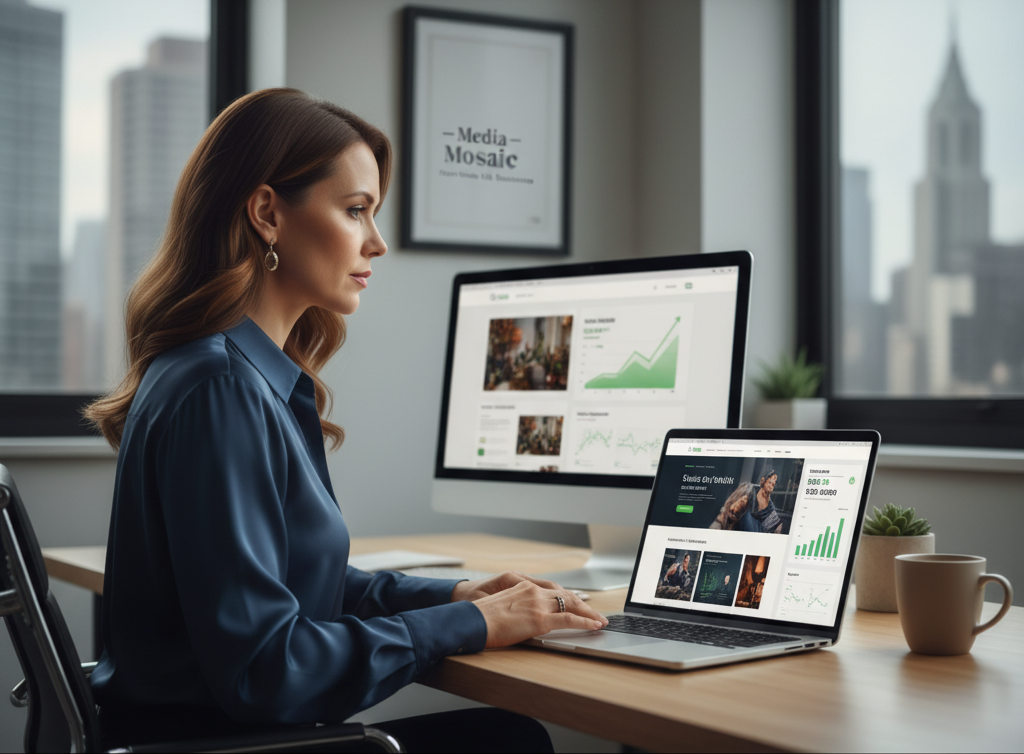US small business owner viewing a modern website design and sales analytics on a laptop in a professional workspace.