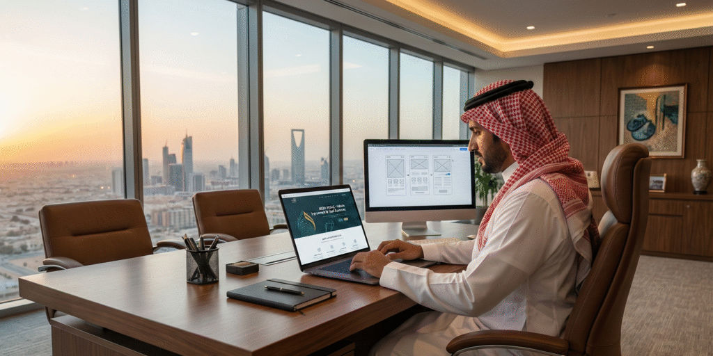 Saudi business owner analyzing a modern website design with Riyadh city skyline in the background.
