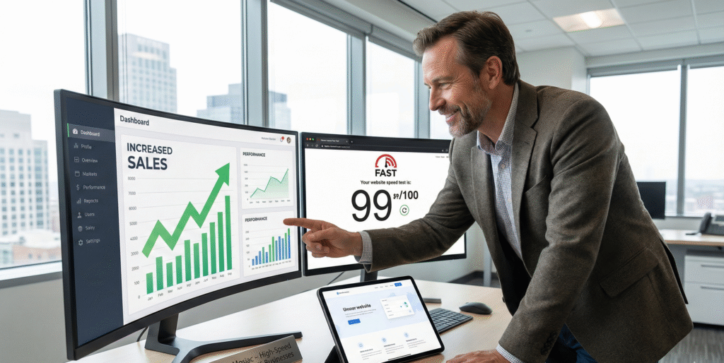 American business owner viewing a fast-loading website and sales analytics on a laptop in a modern workspace.