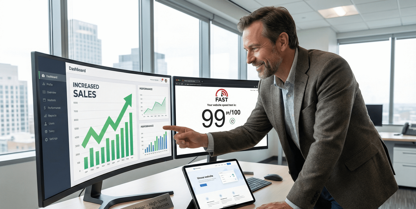 American business owner viewing a fast-loading website and sales analytics on a laptop in a modern workspace.