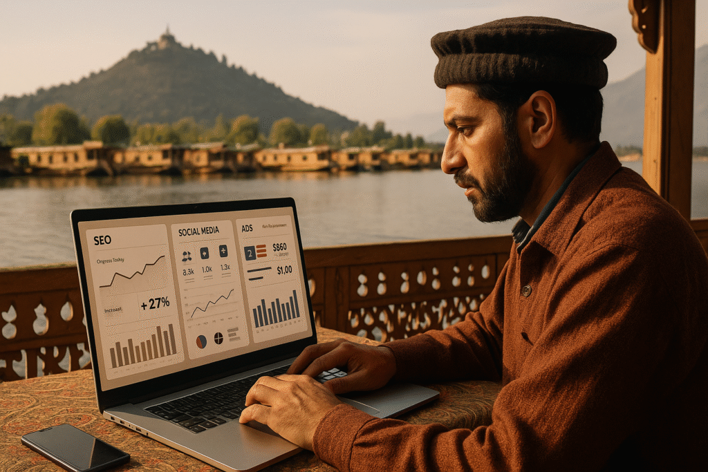 Srinagar business owner analyzing digital marketing performance with Dal Lake in the background.
