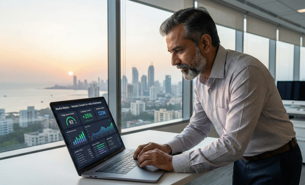 Indian business owner checking website performance analytics with city skyline in the background.