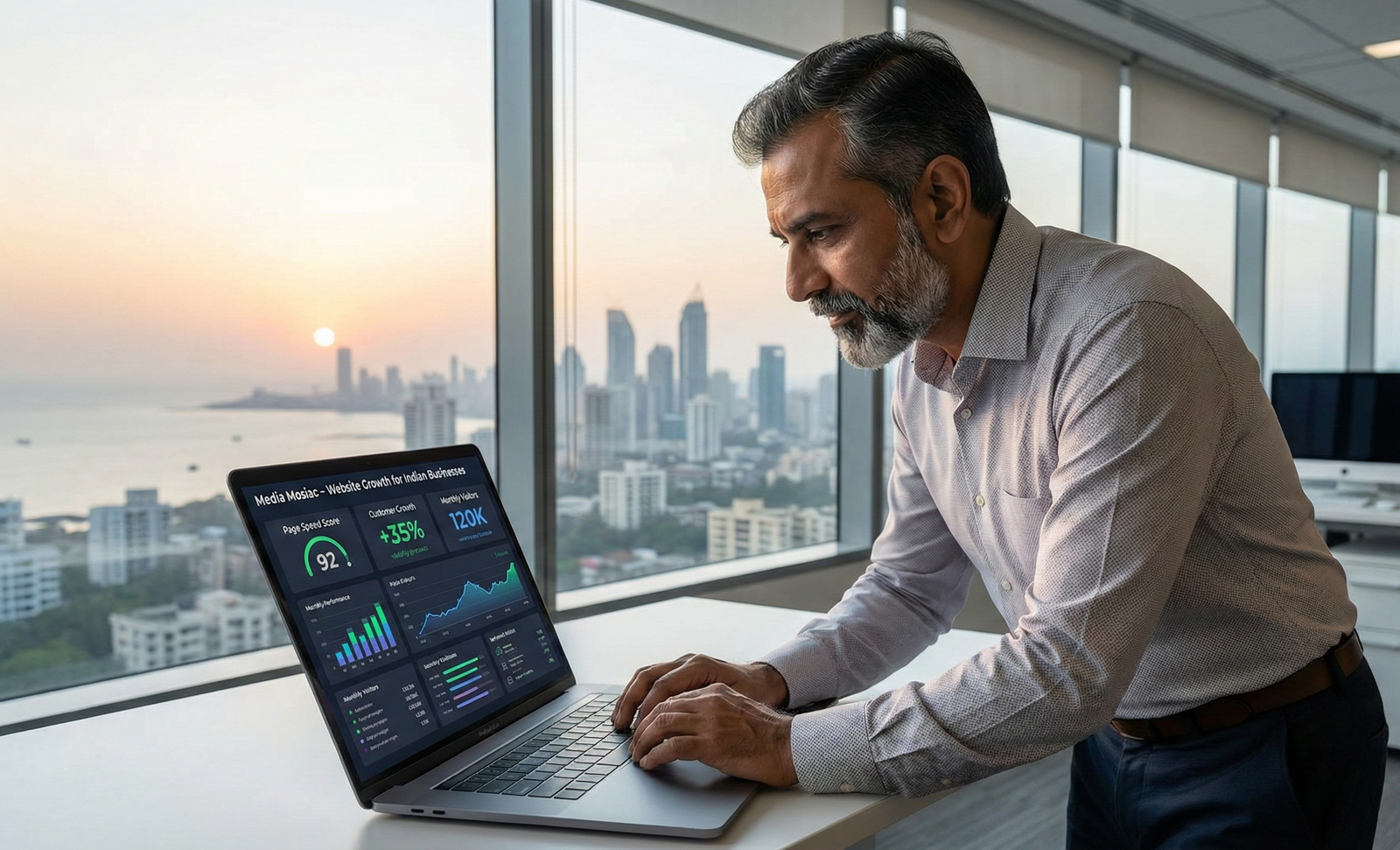 Indian business owner checking website performance analytics with city skyline in the background.