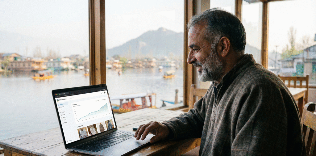 Business owner in Srinagar reviewing a modern website design with Dal Lake in the background.