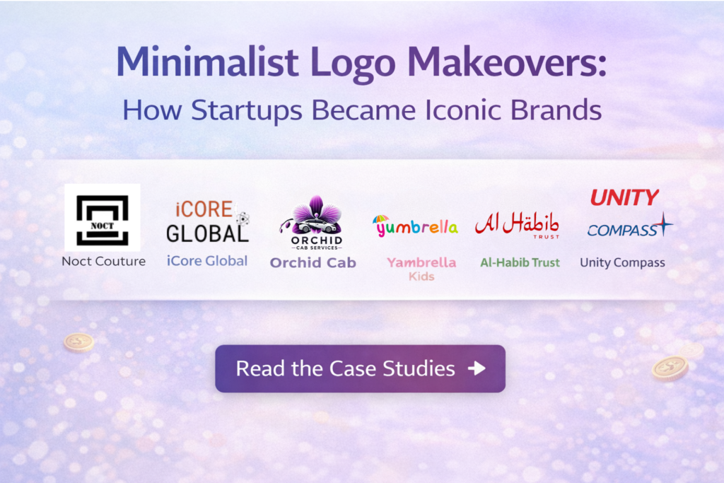 Before and after minimalistic logo transformations showing professional, modern brand identities for startups.