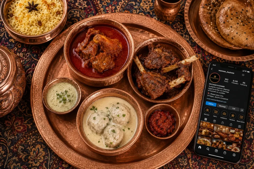 Social media marketing for restaurants in Srinagar — Kashmiri Wazwan thali with Instagram profile on smartphone, representing digital marketing for Srinagar’s food industry