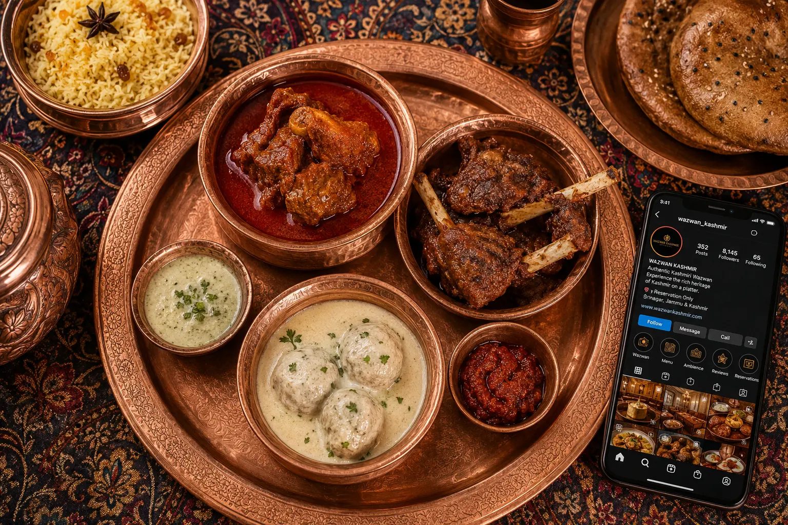 Social media marketing for restaurants in Srinagar — Kashmiri Wazwan thali with Instagram profile on smartphone, representing digital marketing for Srinagar’s food industry