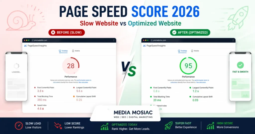 Google PageSpeed Insights dashboard showing 90+ score - Media Mosiac website optimization guide 2026