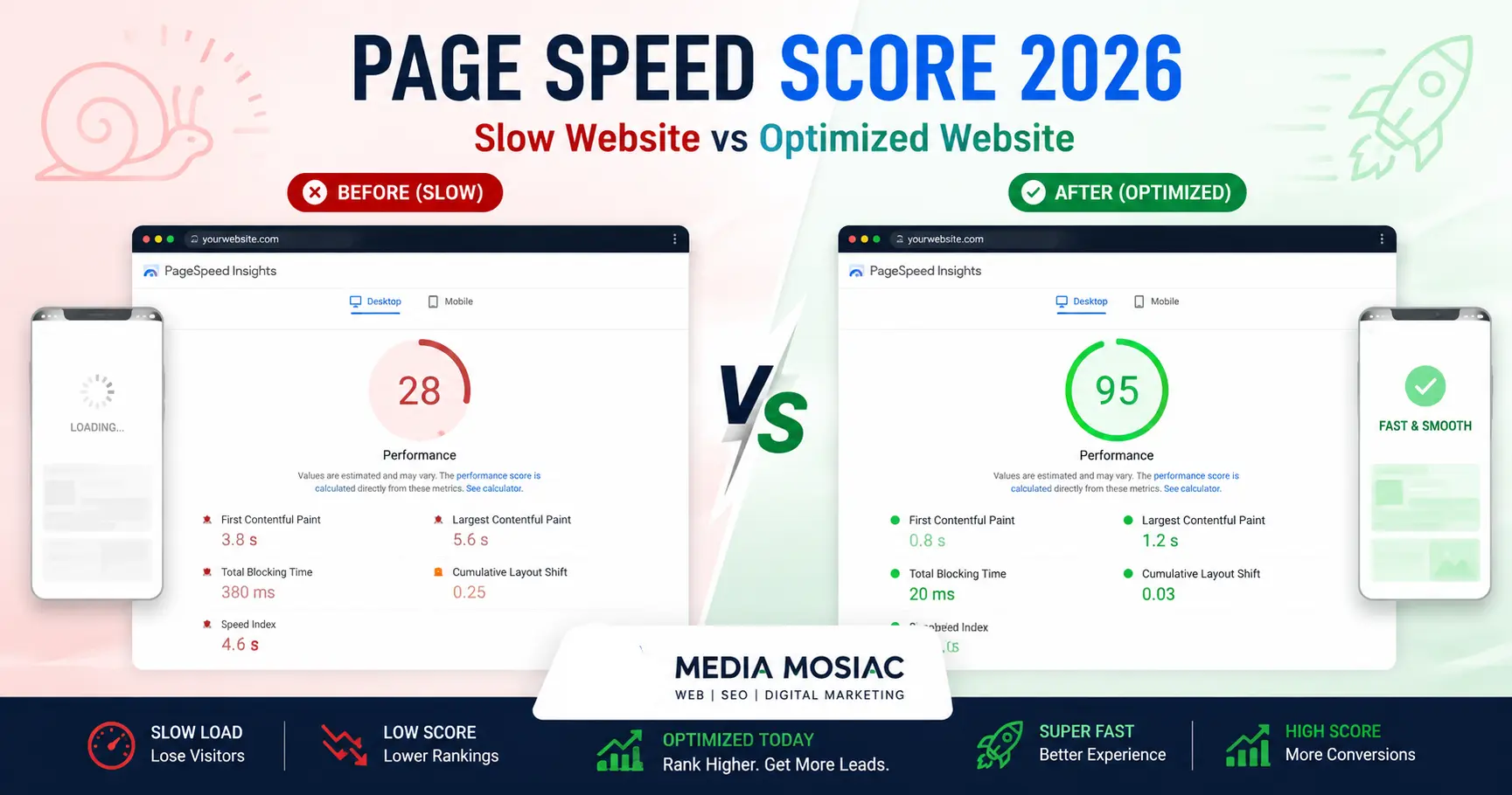 Google PageSpeed Insights dashboard showing 90+ score - Media Mosiac website optimization guide 2026