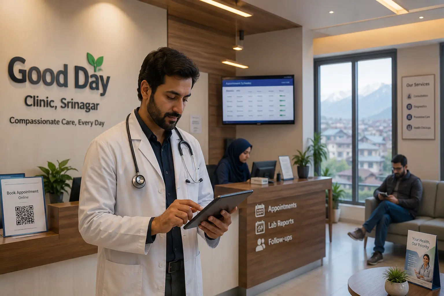 Doctor using digital tools to manage patient appointments in a Srinagar clinic